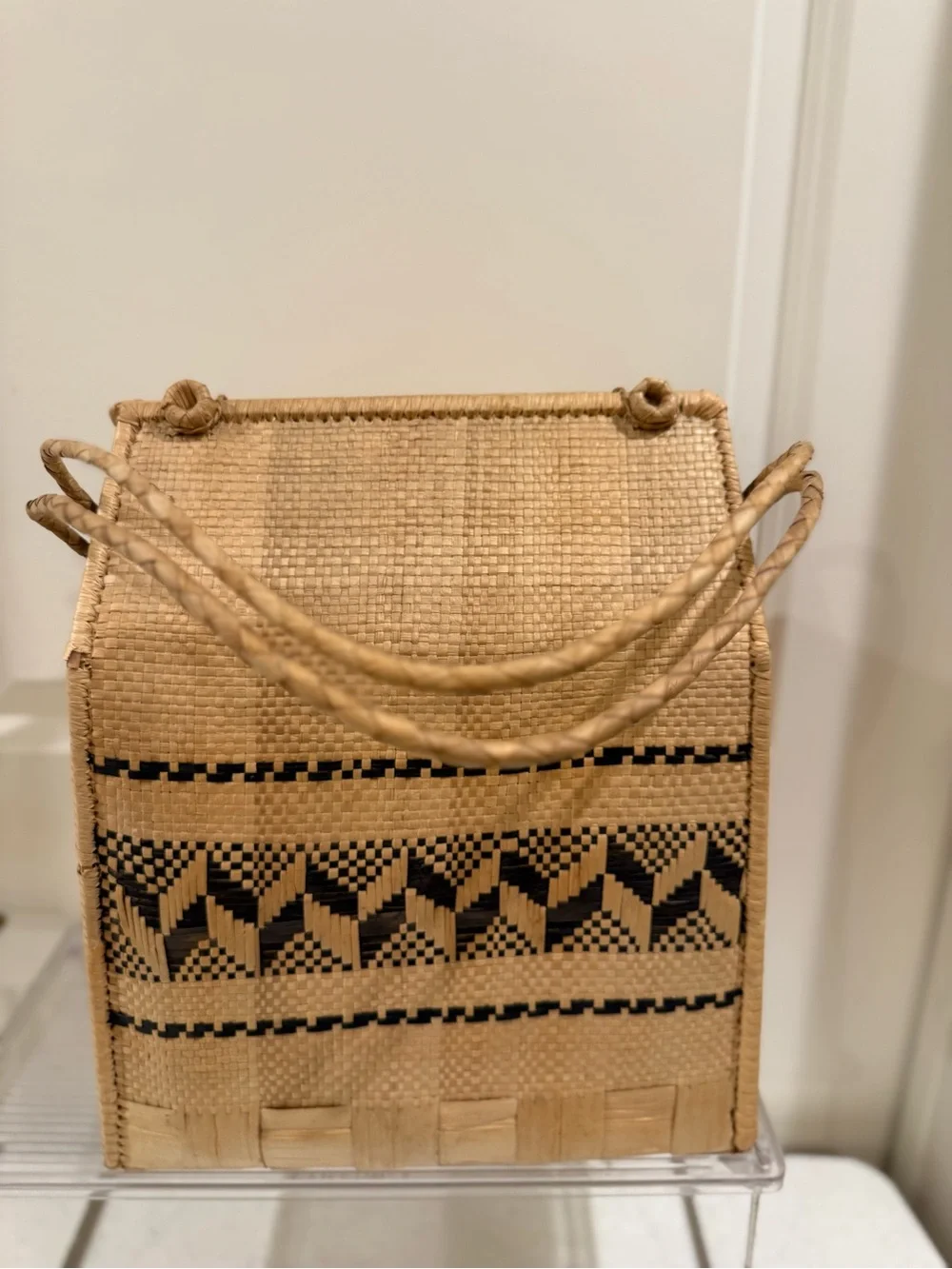 Square Woven Straw Top-Handle Basket Bag in Natural and Black ~ 13“ H x 7“ W